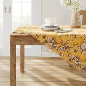 Threshold Yellow Frayed Edge Farmhouse Table Cloth Throw 50 “x 50” Vintage style